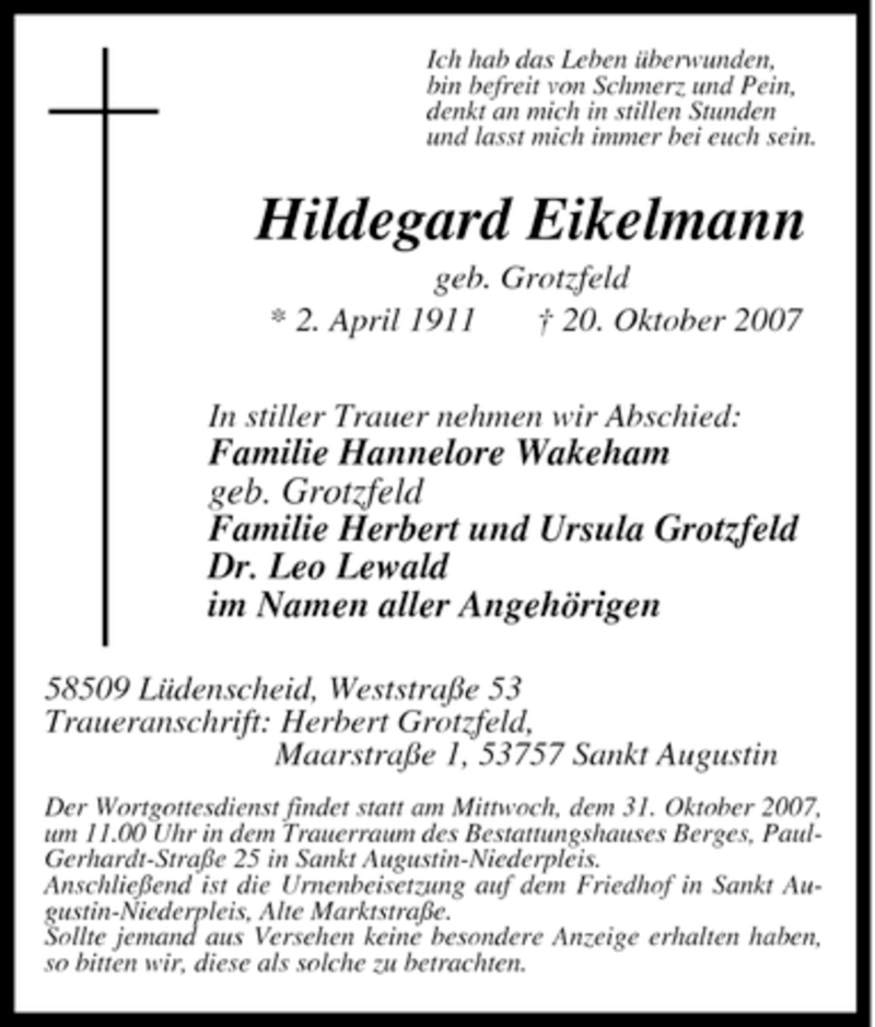  Traueranzeige für Hildegard Eikelmann vom 27.10.2007 aus Tageszeitung