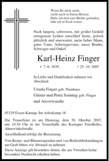 Traueranzeige von Karl-Heinz Finger von Tageszeitung