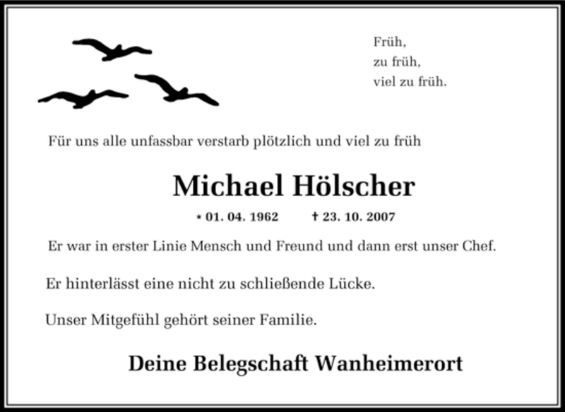  Traueranzeige für Michael Hölscher vom 27.10.2007 aus Tageszeitung