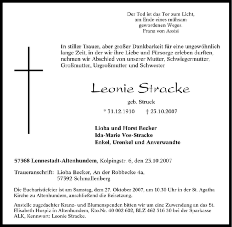  Traueranzeige für Leonie Stracke vom 27.10.2007 aus Tageszeitung