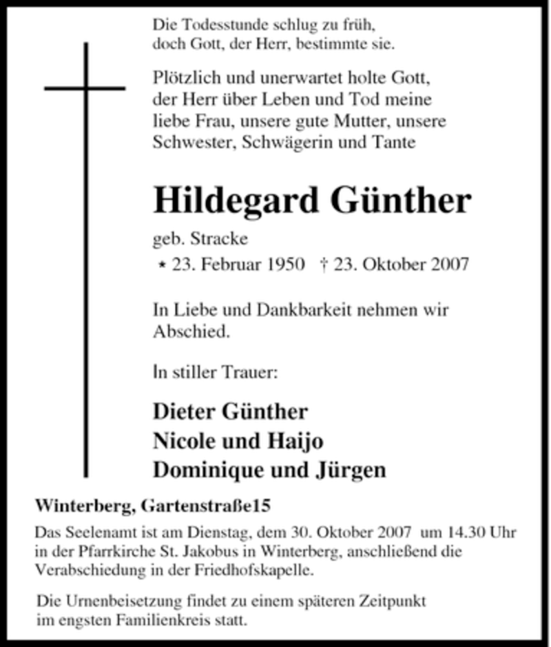  Traueranzeige für Hildegard Günther vom 27.10.2007 aus Tageszeitung