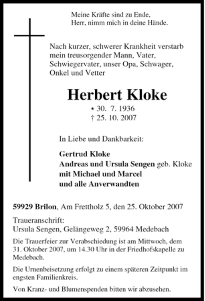  Traueranzeige für Herbert Kloke vom 27.10.2007 aus Tageszeitung