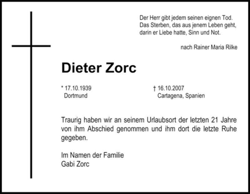  Traueranzeige für Dieter Zorc vom 27.10.2007 aus Tageszeitung