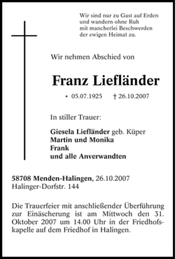 Traueranzeige von Franz Liefländer von Tageszeitung