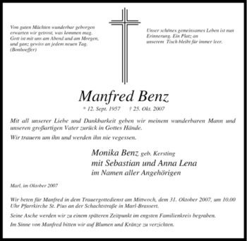 Traueranzeige von Manfred Benz von Tageszeitung