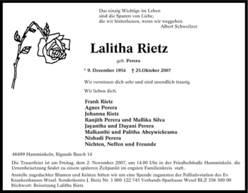 Traueranzeige von Lalitha Rietz von Tageszeitung
