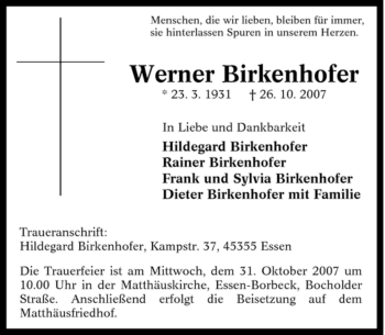 Traueranzeige von Werner Birkenhofer von Tageszeitung