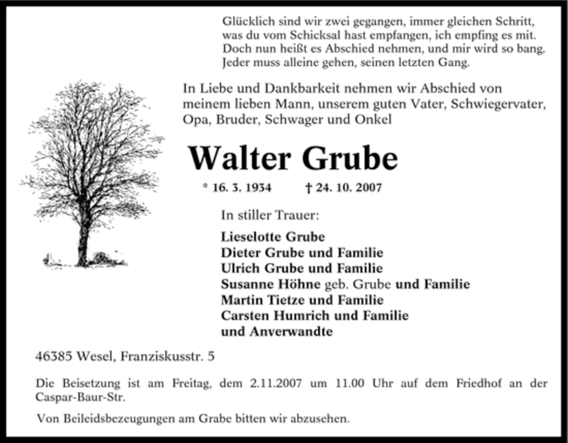  Traueranzeige für Walter Grube vom 27.10.2007 aus Tageszeitung