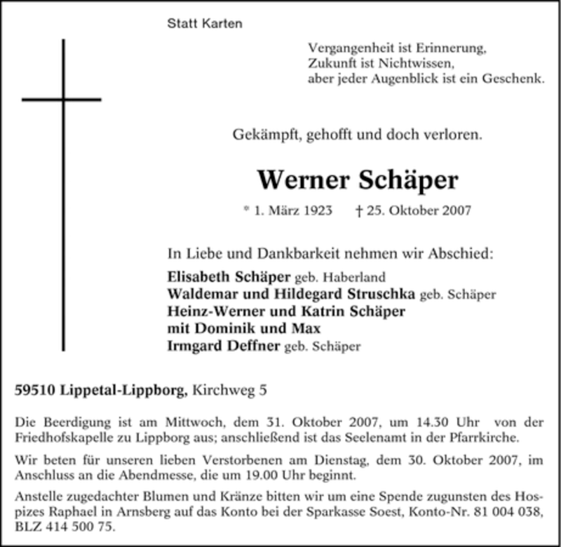  Traueranzeige für Werner Schäper vom 27.10.2007 aus Tageszeitung