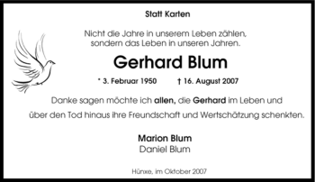 Traueranzeige von Gerhard Blum von Tageszeitung