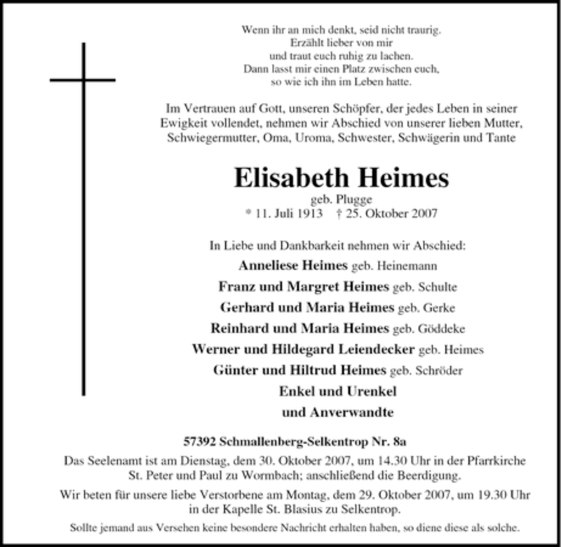  Traueranzeige für Elisabeth Heimes vom 27.10.2007 aus Tageszeitung