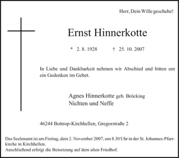Traueranzeige von Ernst Hinnerkotte von Tageszeitung