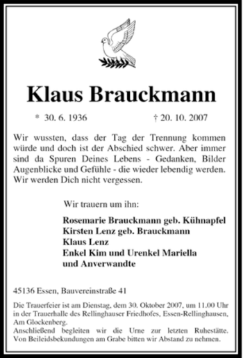 Traueranzeige von Klaus Brauckmann von Tageszeitung