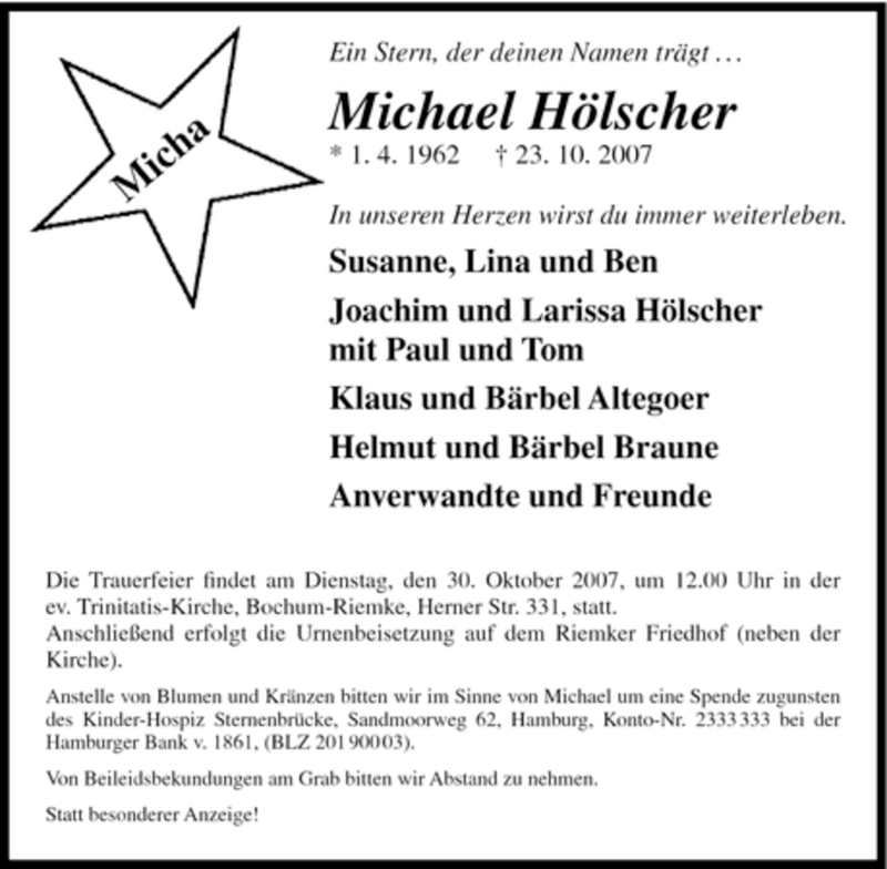  Traueranzeige für Michael Hölscher vom 27.10.2007 aus Tageszeitung