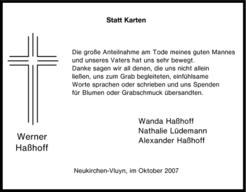 Traueranzeige von Werner Haßhoff von Tageszeitung