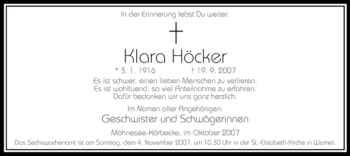 Traueranzeige von Klara Höcker von Tageszeitung