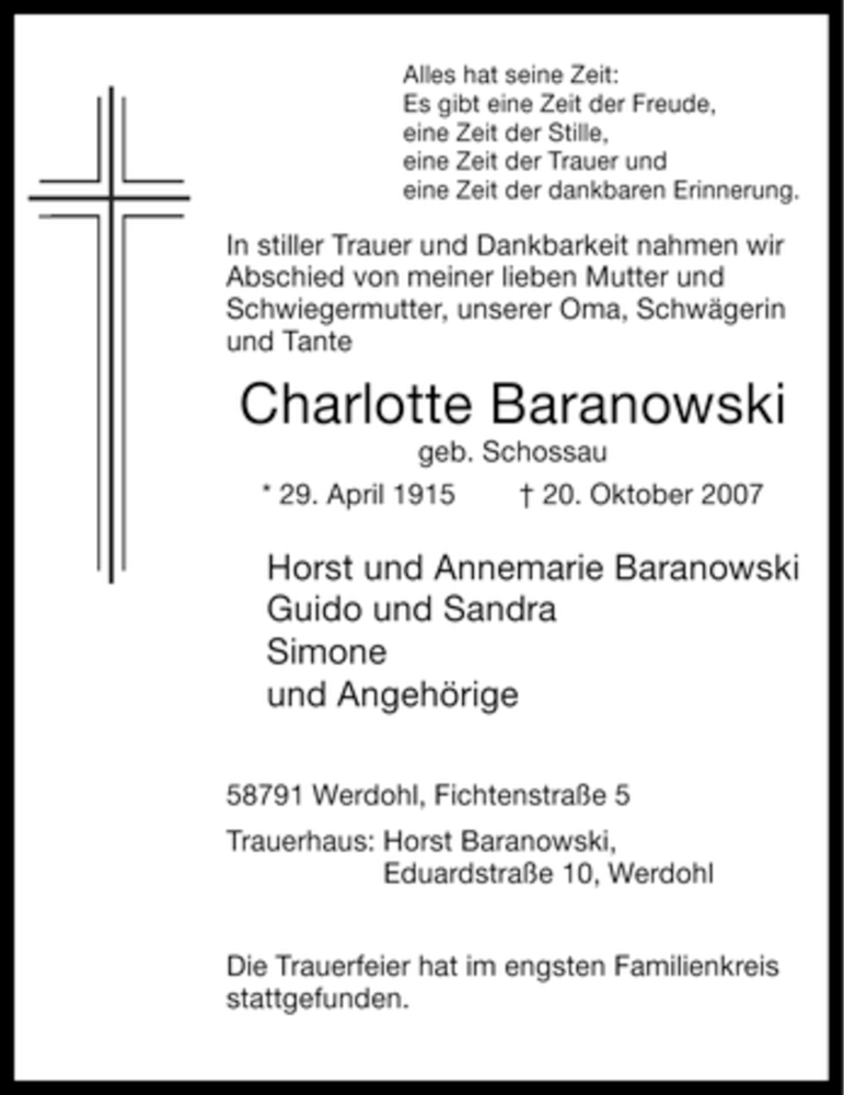  Traueranzeige für Charlotte Baranowski vom 27.10.2007 aus Tageszeitung