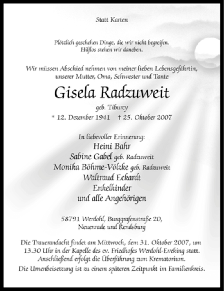  Traueranzeige für Gisela Radzuweit vom 27.10.2007 aus Tageszeitung