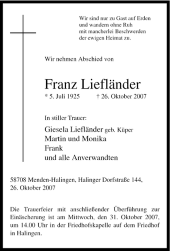 Traueranzeige von Franz Liefländer von Tageszeitung