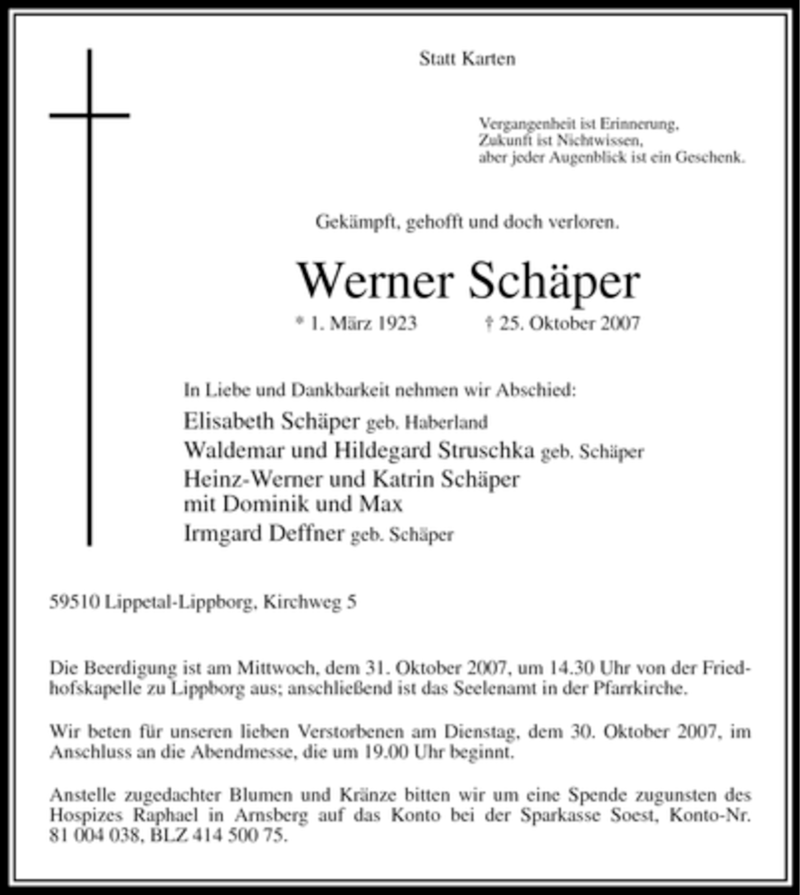  Traueranzeige für Werner Schäper vom 27.10.2007 aus Tageszeitung