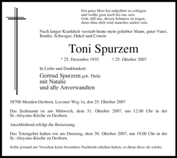 Traueranzeige von Toni Spurzem von Tageszeitung