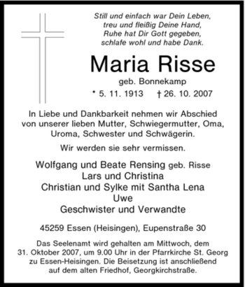 Traueranzeige von Maria Risse von Tageszeitung