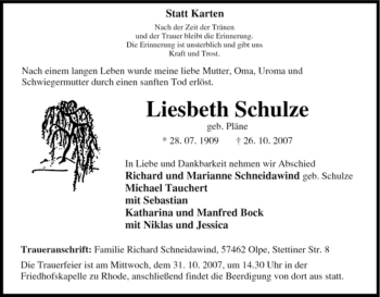 Traueranzeige von Liesbeth Schulze von Tageszeitung