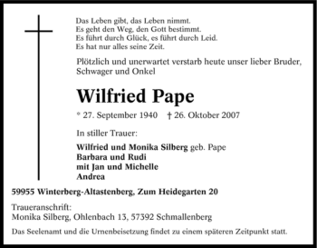 Traueranzeige von Wilfried Pape von Tageszeitung