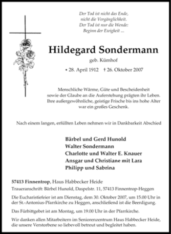 Traueranzeige von Hildegard Sondermann von Tageszeitung