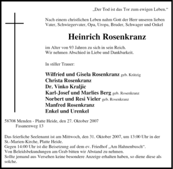 Traueranzeige von Heinrich Rosenkranz von Tageszeitung