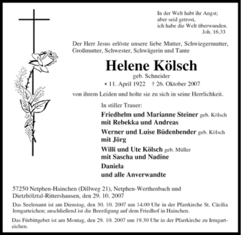 Traueranzeige von Helene Kölsch von Tageszeitung