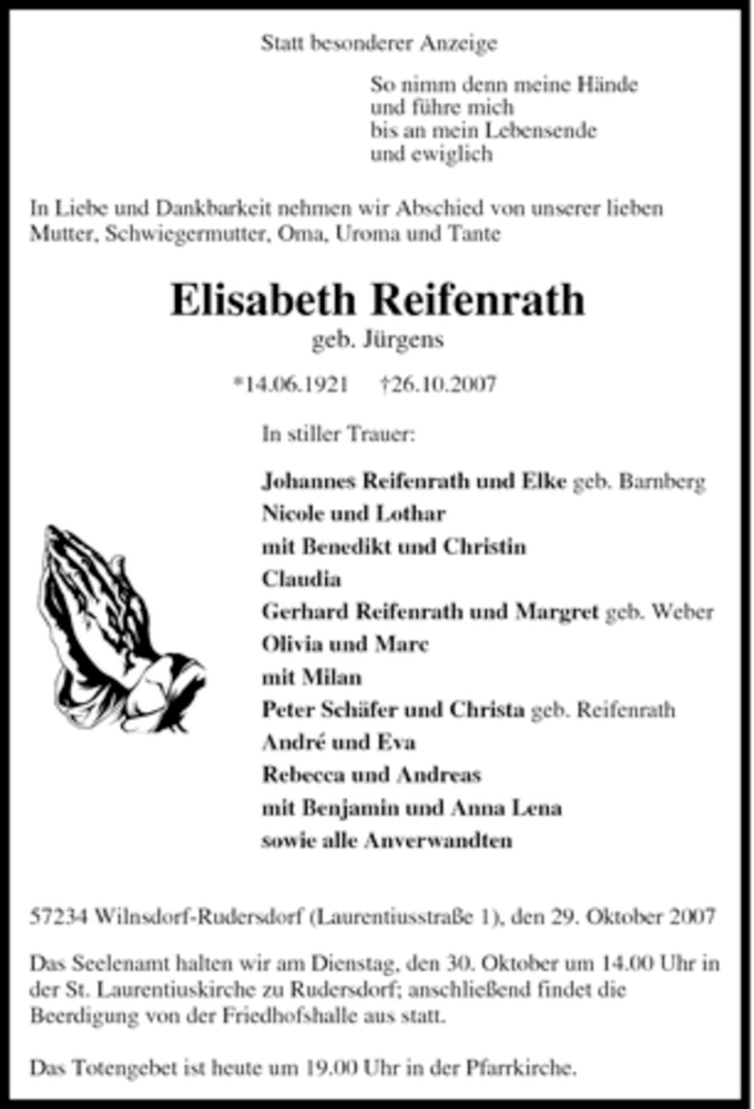  Traueranzeige für Elisabeth Reifenrath vom 29.10.2007 aus Tageszeitung