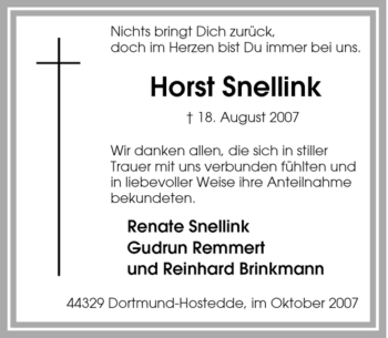 Traueranzeige von Horst Snellink von Tageszeitung
