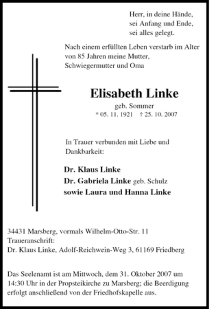  Traueranzeige für Elisabeth Linke vom 29.10.2007 aus Tageszeitung
