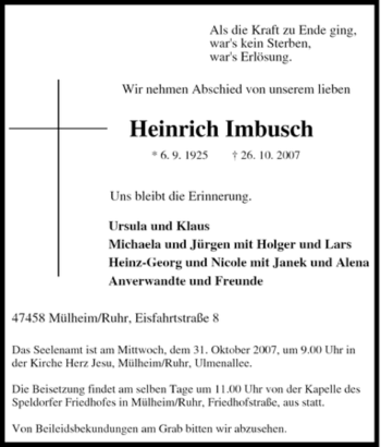 Traueranzeige von Heinrich Imbusch von Tageszeitung