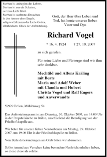 Traueranzeige von Richard Vogel von Tageszeitung