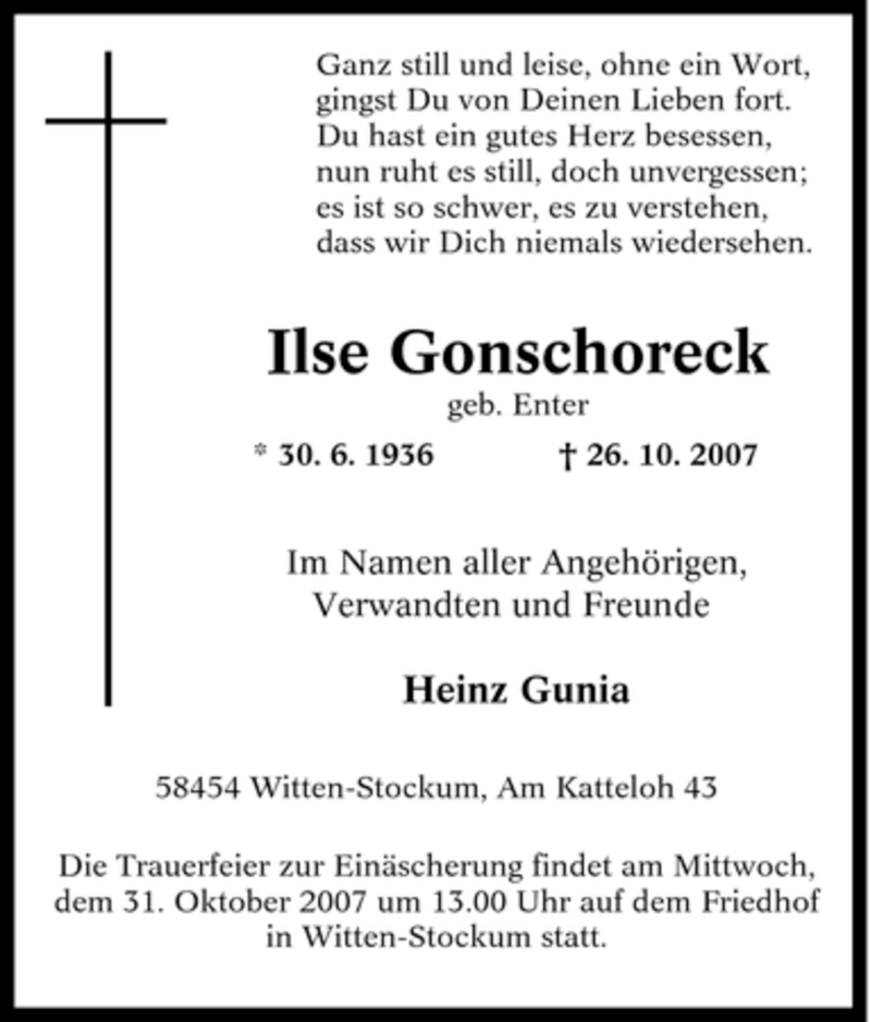  Traueranzeige für Ilse Gonschoreck vom 29.10.2007 aus Tageszeitung