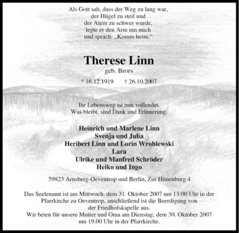  Traueranzeige für Therese Linn vom 29.10.2007 aus Tageszeitung