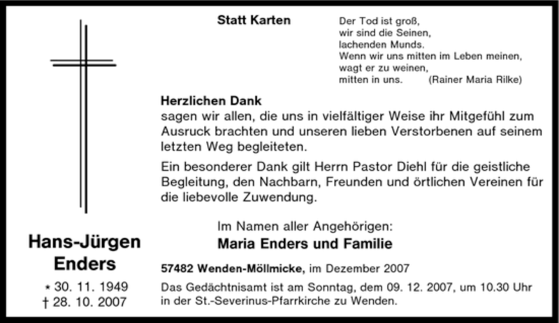  Traueranzeige für Hans-Jürgen Enders vom 29.10.2007 aus Tageszeitung