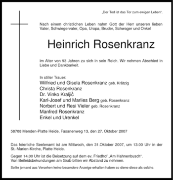 Traueranzeige von Heinrich Rosenkranz von Tageszeitung