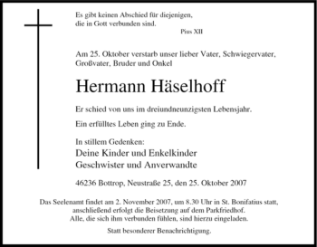 Traueranzeige von Hermann Häselhoff von Tageszeitung