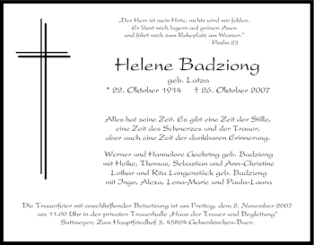Traueranzeige von Helene Badziong von Tageszeitung