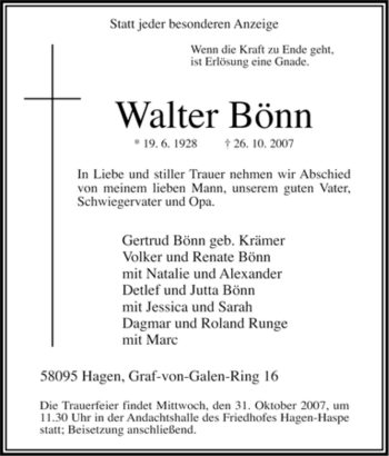 Traueranzeige von Walter Bönn von Tageszeitung