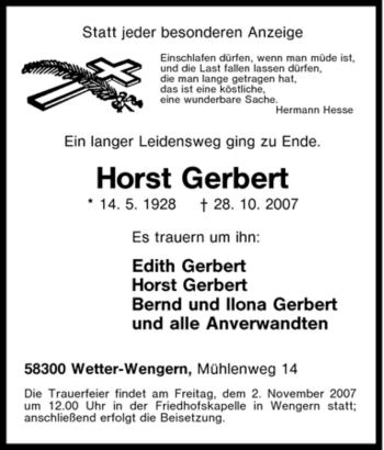 Traueranzeige von Horst Gerbert von Tageszeitung