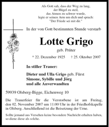 Traueranzeige von Lotte Grigo von Tageszeitung