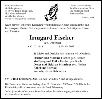 Traueranzeige von Irmgard Fischer von Tageszeitung