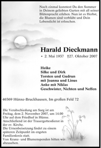 Traueranzeige von Harald Dieckmann von Tageszeitung