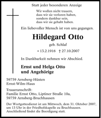 Traueranzeige von Hildegard Otto von Tageszeitung
