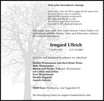Traueranzeige von Irmgard Ullrich von Tageszeitung
