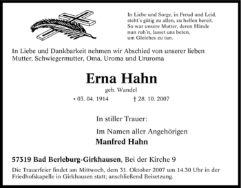 Traueranzeige von Erna Hahn von Tageszeitung